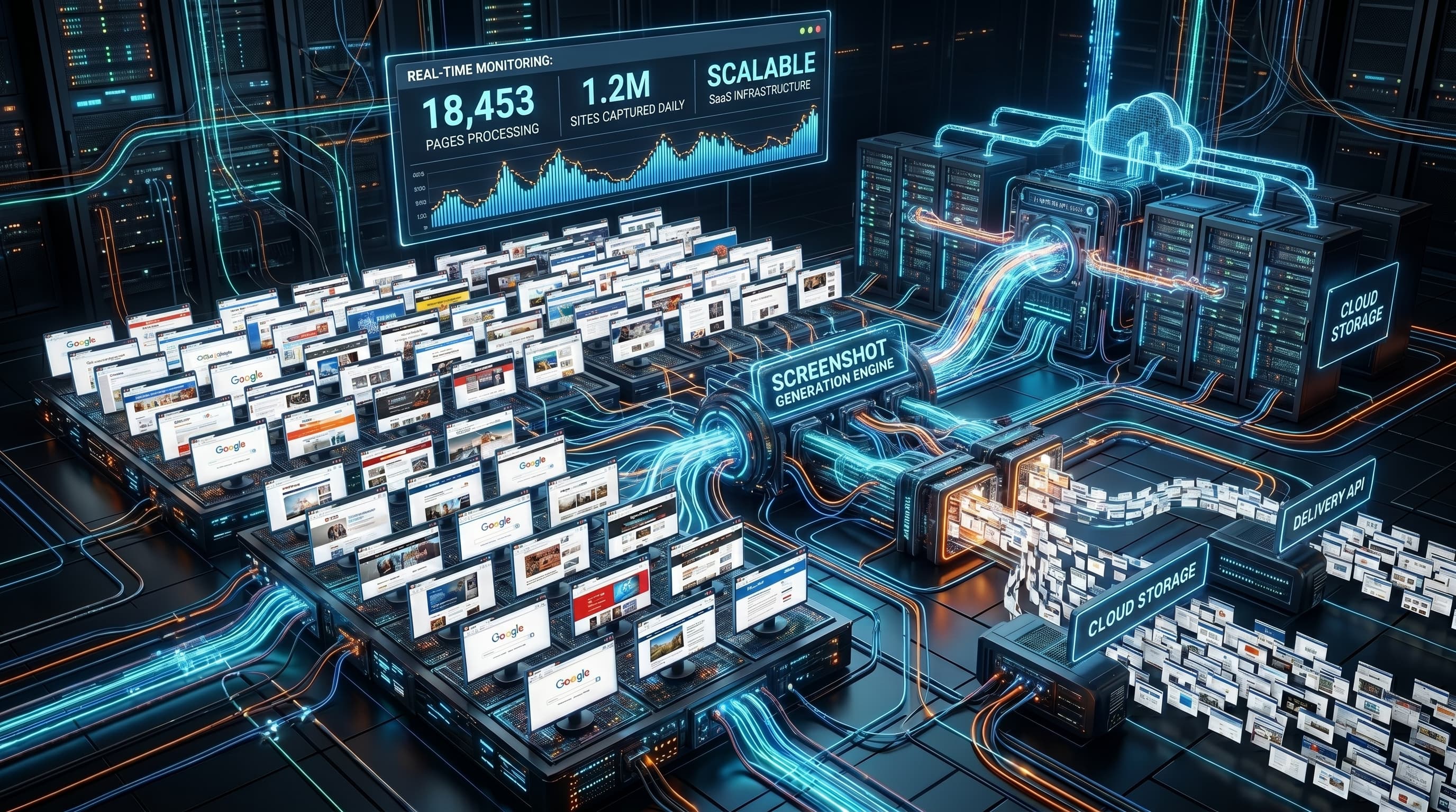 Large-scale screenshot generation engine processing thousands of web pages simultaneously with real-time monitoring dashboard