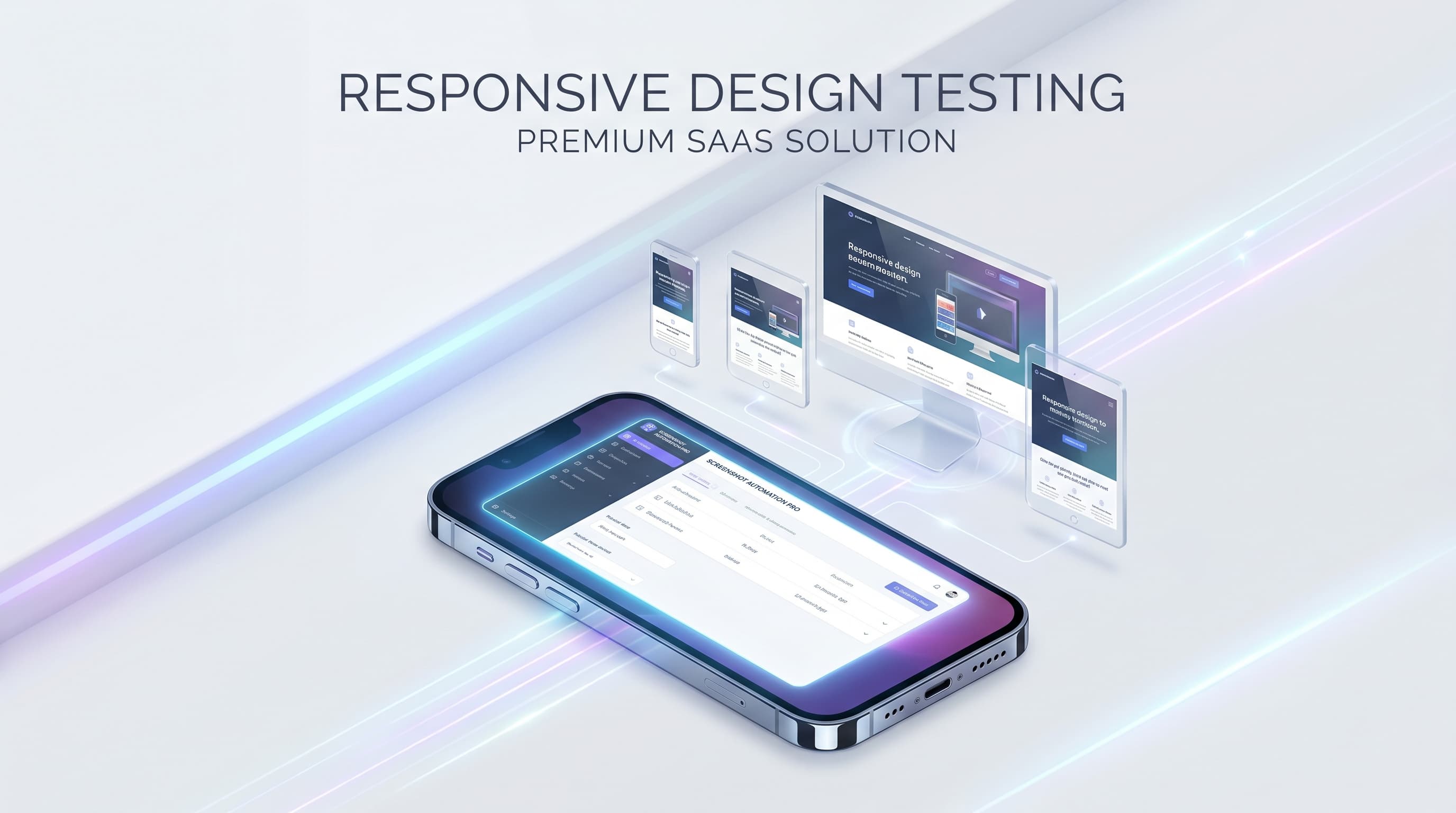 Responsive design testing showing a mobile phone alongside tablet and desktop screenshots of the same app